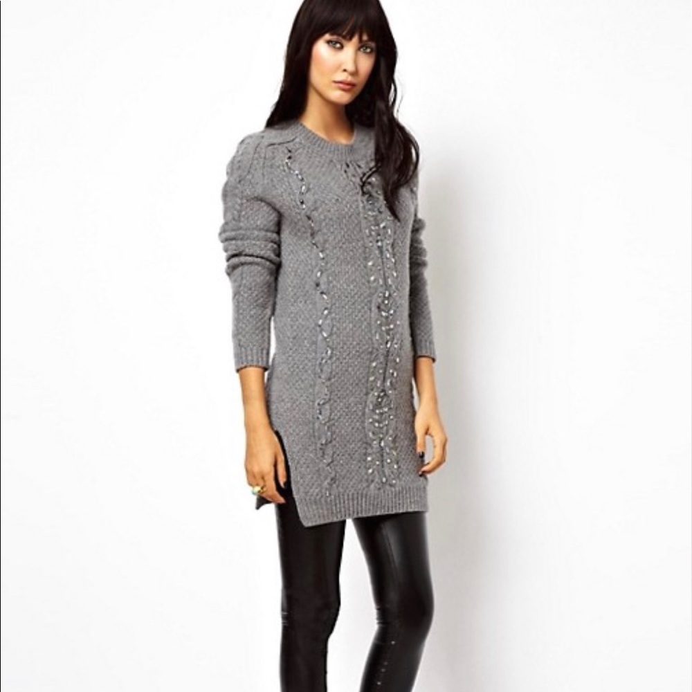 Needle & Thread Gray Hand Beaded Sweater Turtleneck Dress 8 EU 36 US 4